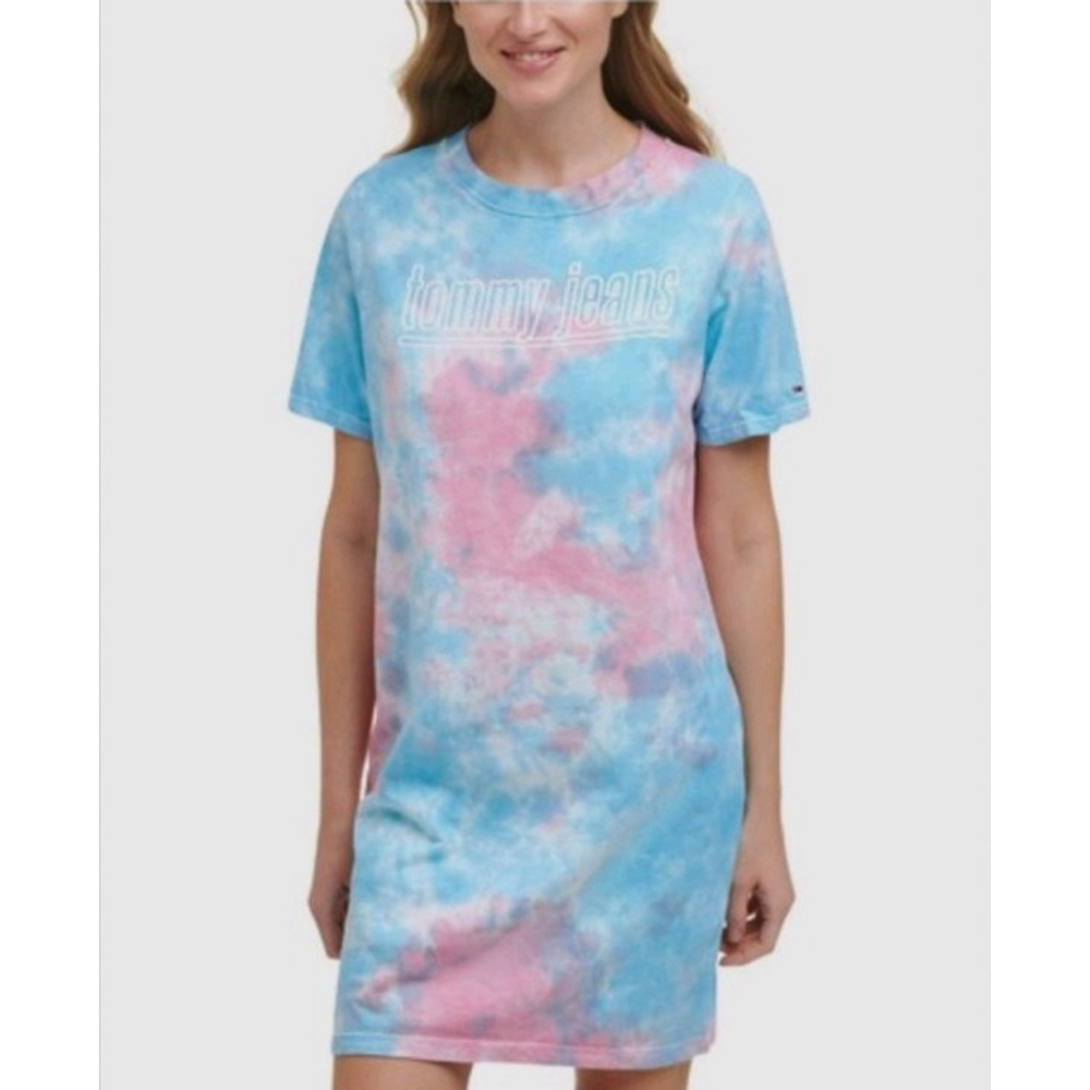 Tommy Hilfiger Jeans Blue & Pink Tie Dye Short Sleeve T-Shirt Dress Size Large